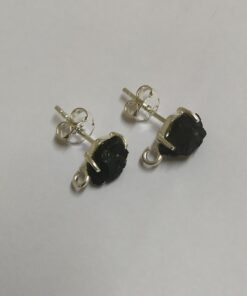 Rough Natural Black Onyx Studs 925 Sterling Silver with Open Loop Below